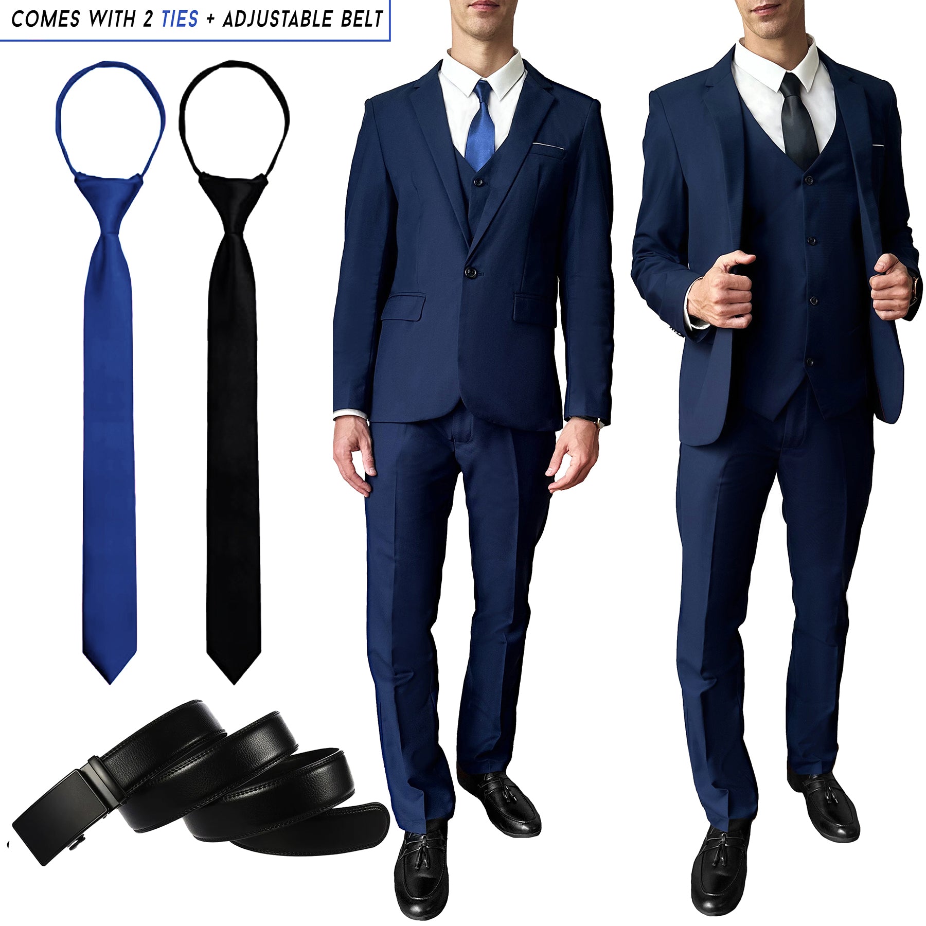 Suit King - 3 Piece Men's Suit, Slim Fit Stylish Jacket, Pants, Vest, 2 Ties, and Belt, Perfect for Weddings, Business and More | Navy Blue