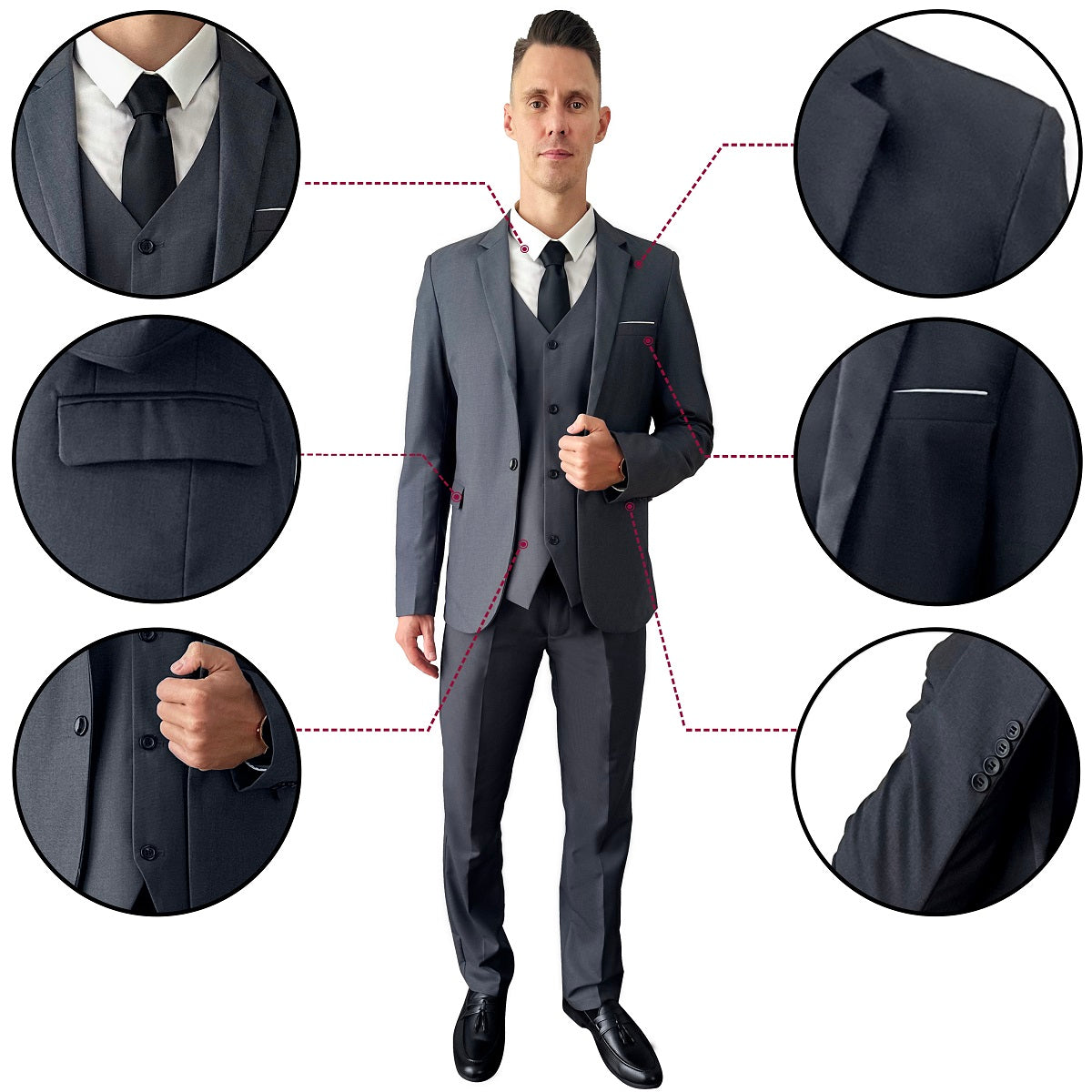 Suit King - 3 Piece Men's Suit, Slim Fit Stylish Jacket, Pants, Vest, 2 Ties, and Belt, Perfect for Weddings, Business and More | Gray