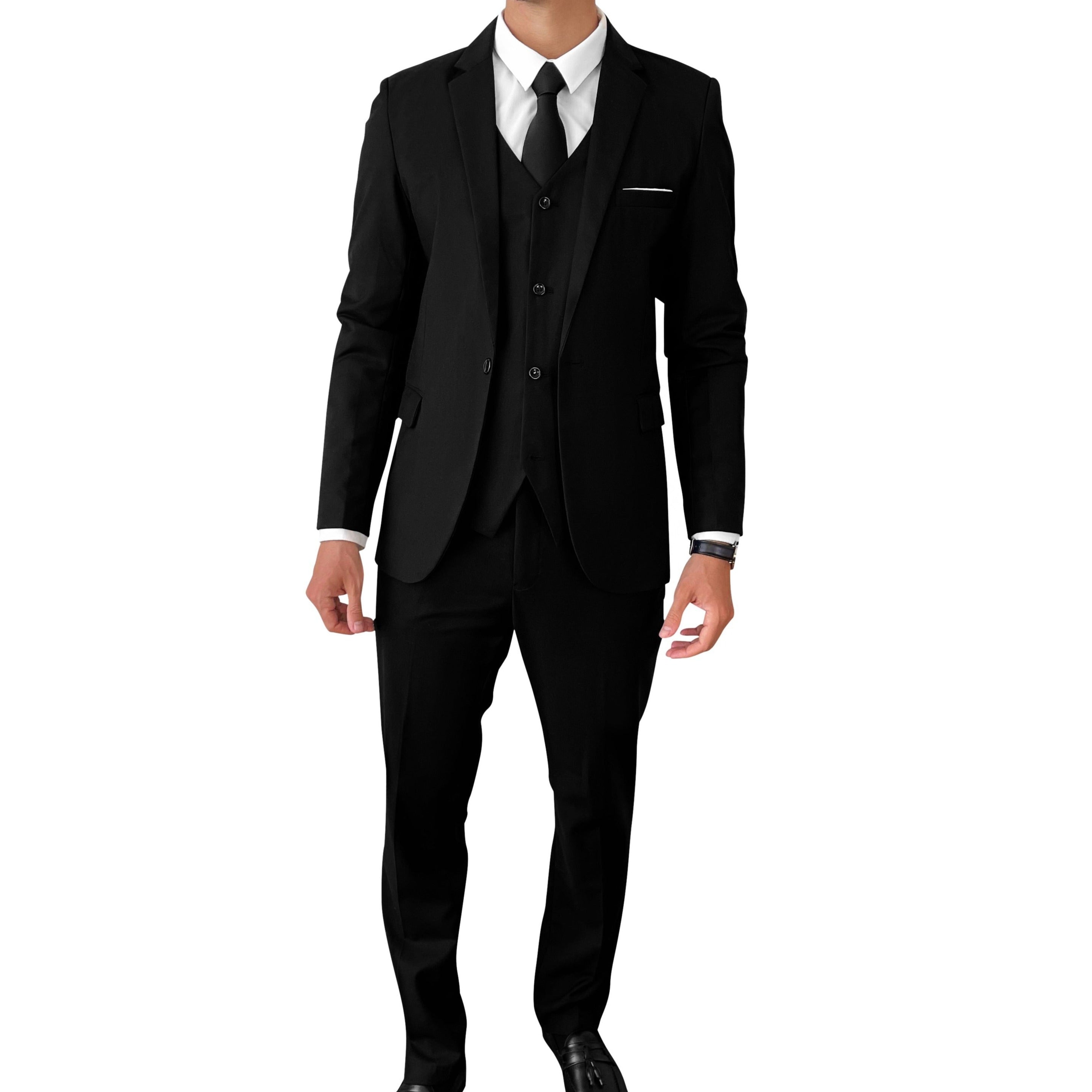 Suit King - 3  Piece Men's Suit, Slim Fit Stylish Jacket, Pants, Vest, 2 Ties, and Belt, Perfect for Weddings, Business and More | Black