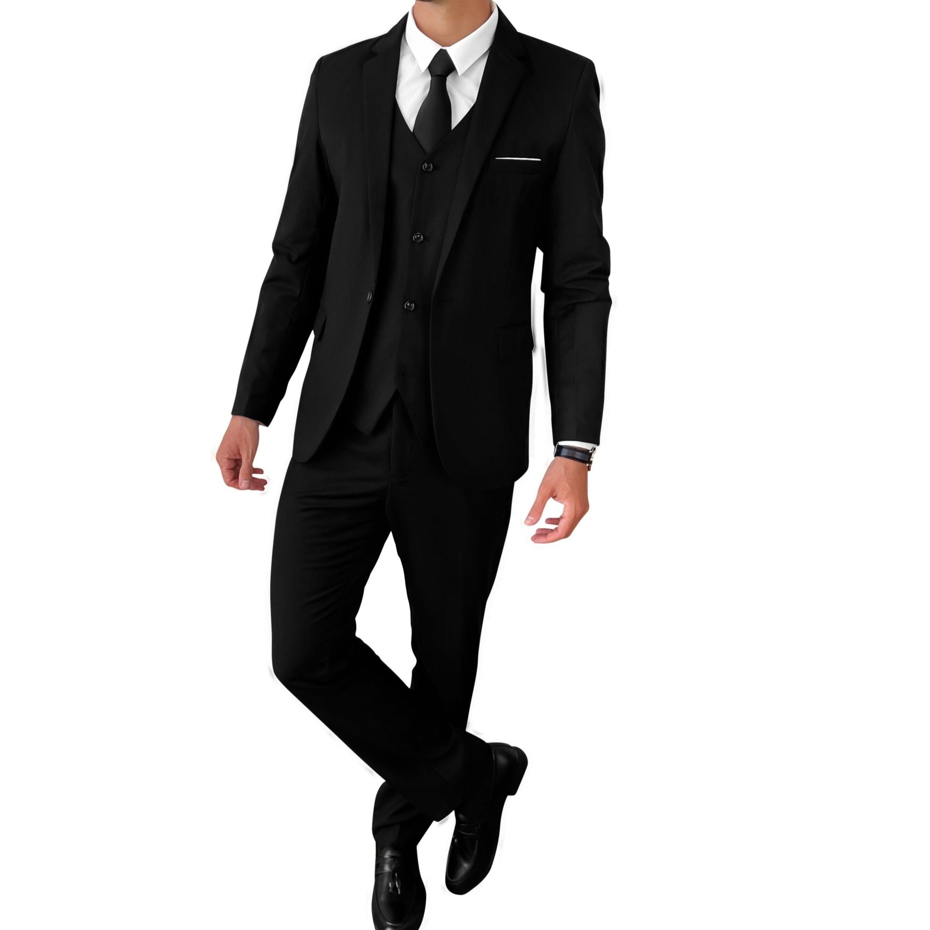 Suit King - 3  Piece Men's Suit, Slim Fit Stylish Jacket, Pants, Vest, 2 Ties, and Belt, Perfect for Weddings, Business and More | Black