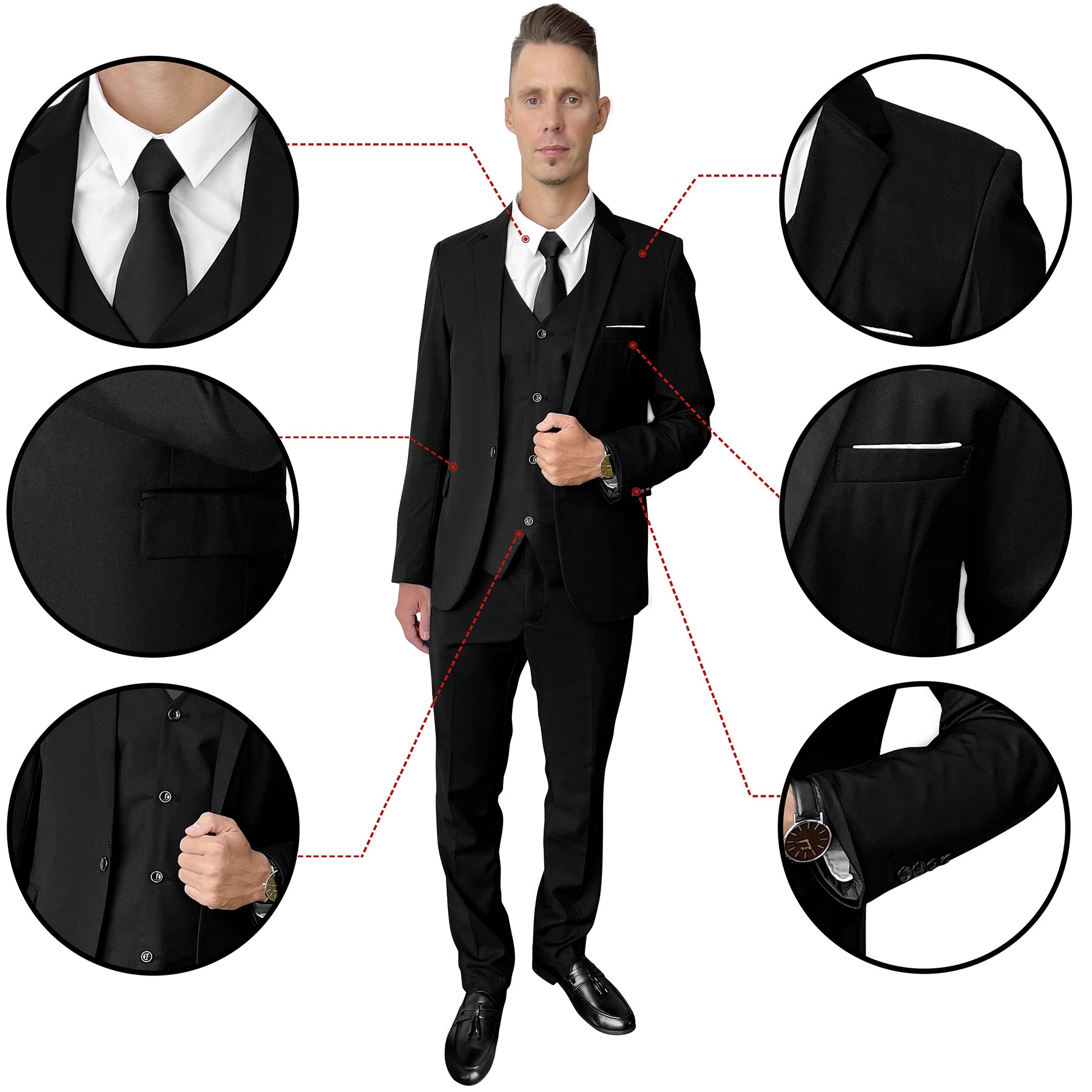 Suit King - 3  Piece Men's Suit, Slim Fit Stylish Jacket, Pants, Vest, 2 Ties, and Belt, Perfect for Weddings, Business and More | Black