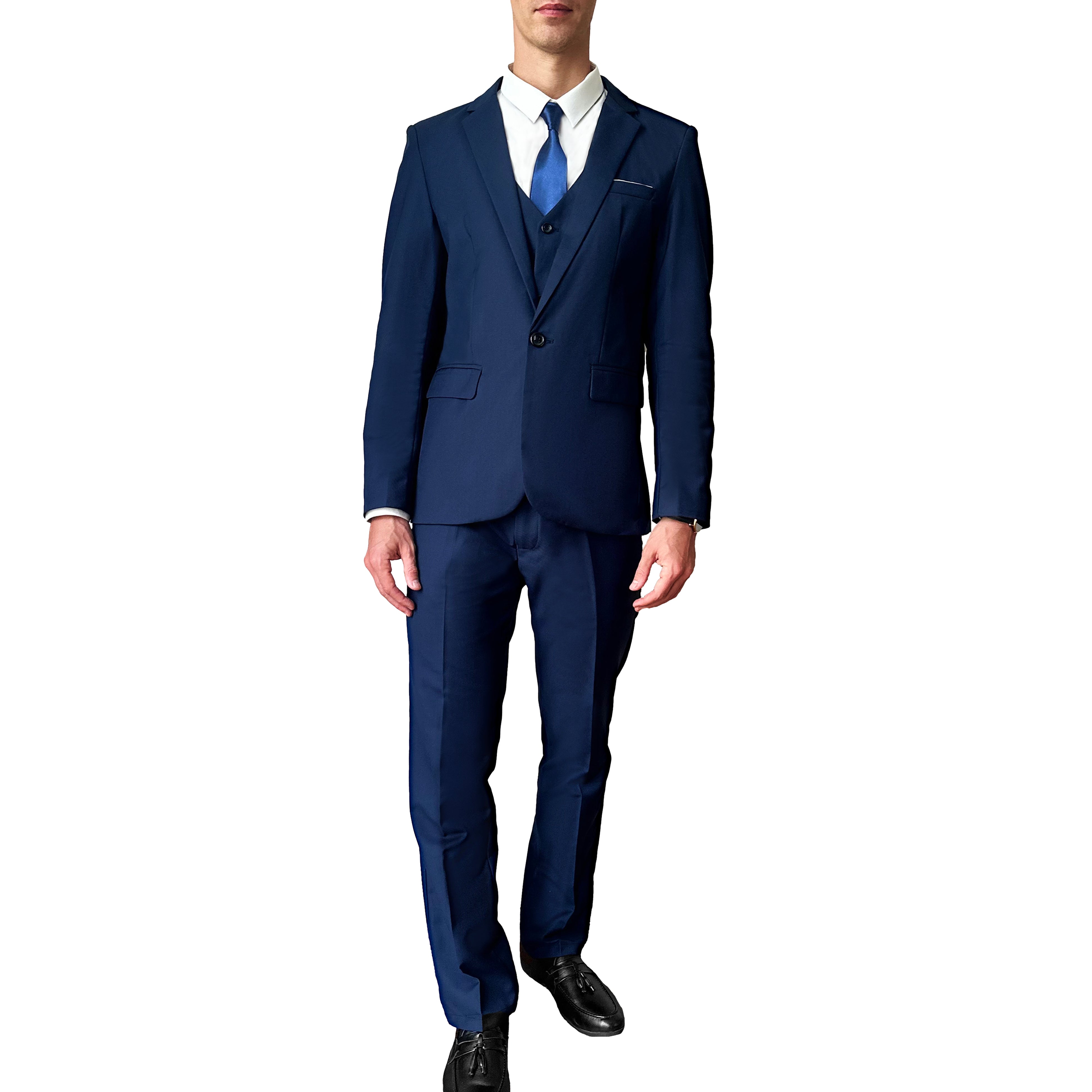 Suit King - 3 Piece Men's Suit, Slim Fit Stylish Jacket, Pants, Vest, 2 Ties, and Belt, Perfect for Weddings, Business and More | Navy Blue