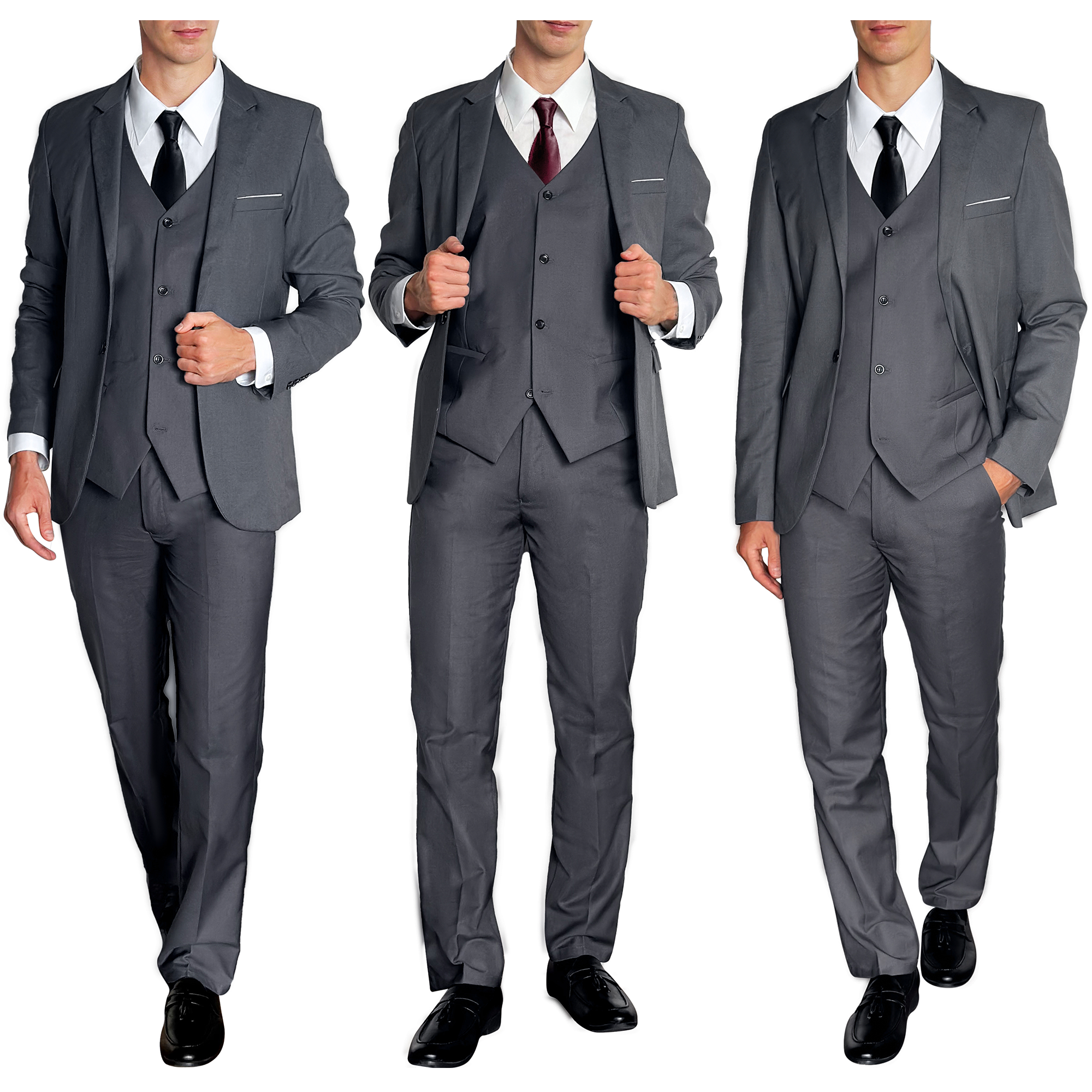 Suit King - 3 Piece Men's Suit, Slim Fit Stylish Jacket, Pants, Vest, 2 Ties, and Belt, Perfect for Weddings, Business and More | Gray