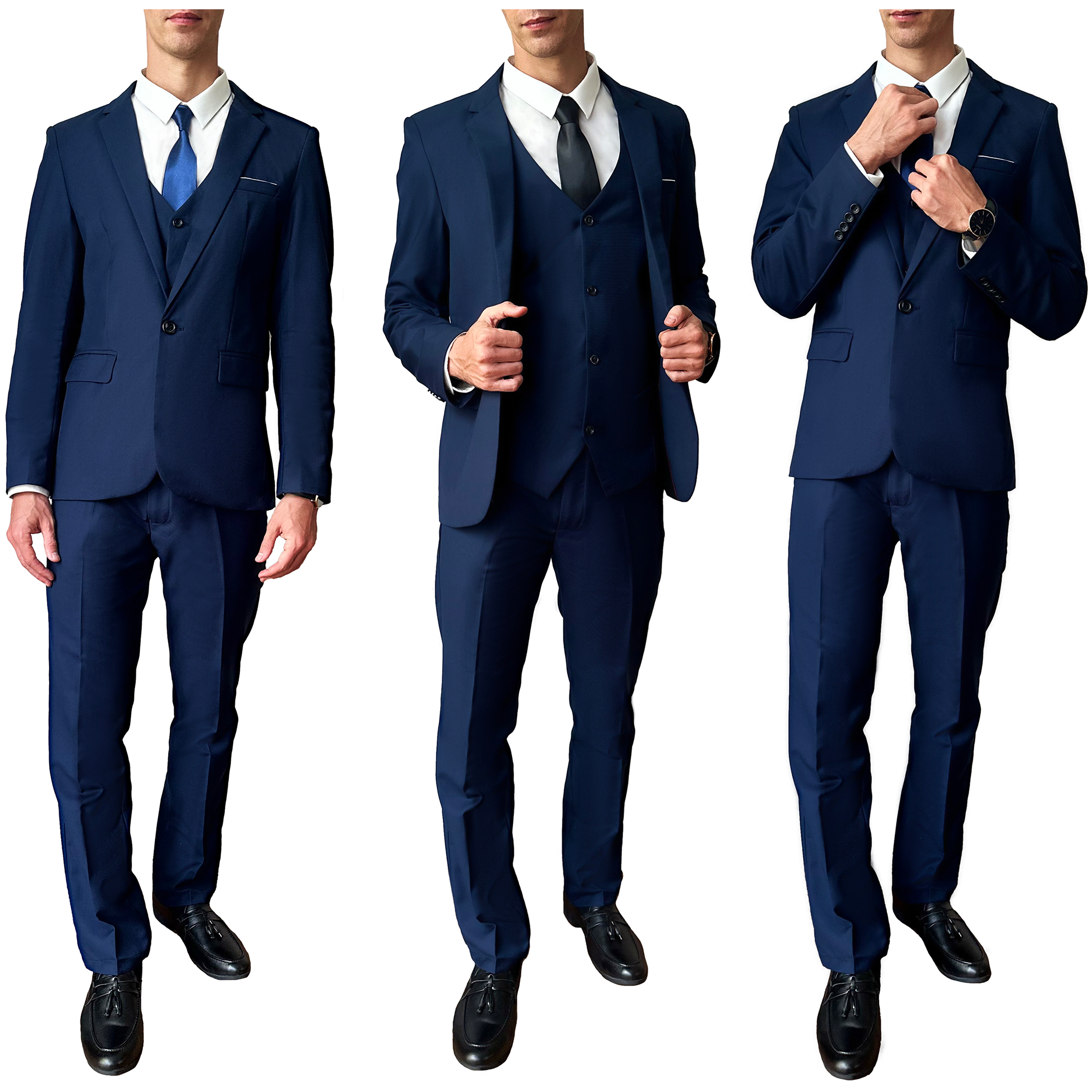 Suit King - 3 Piece Men's Suit, Slim Fit Stylish Jacket, Pants, Vest, 2 Ties, and Belt, Perfect for Weddings, Business and More | Navy Blue