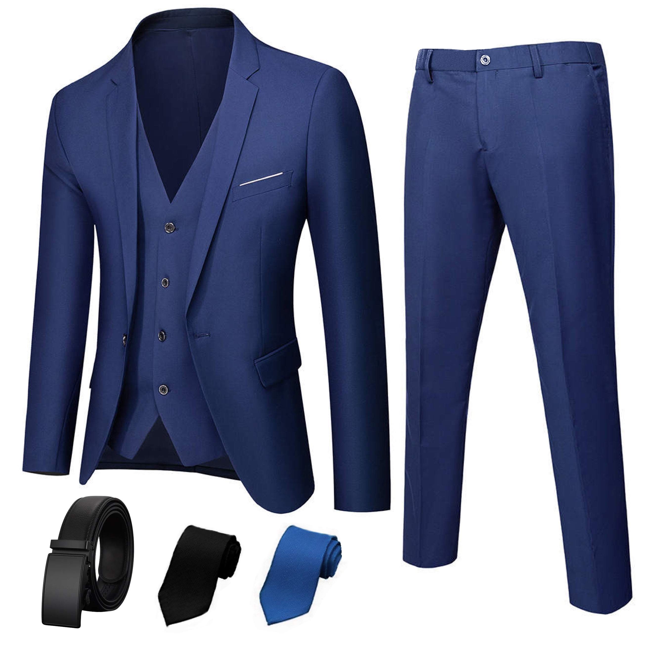 Suit King - 3 Piece Men's Suit, Slim Fit Stylish Jacket, Pants, Vest, 2 Ties, and Belt, Perfect for Weddings, Business and More | Navy Blue