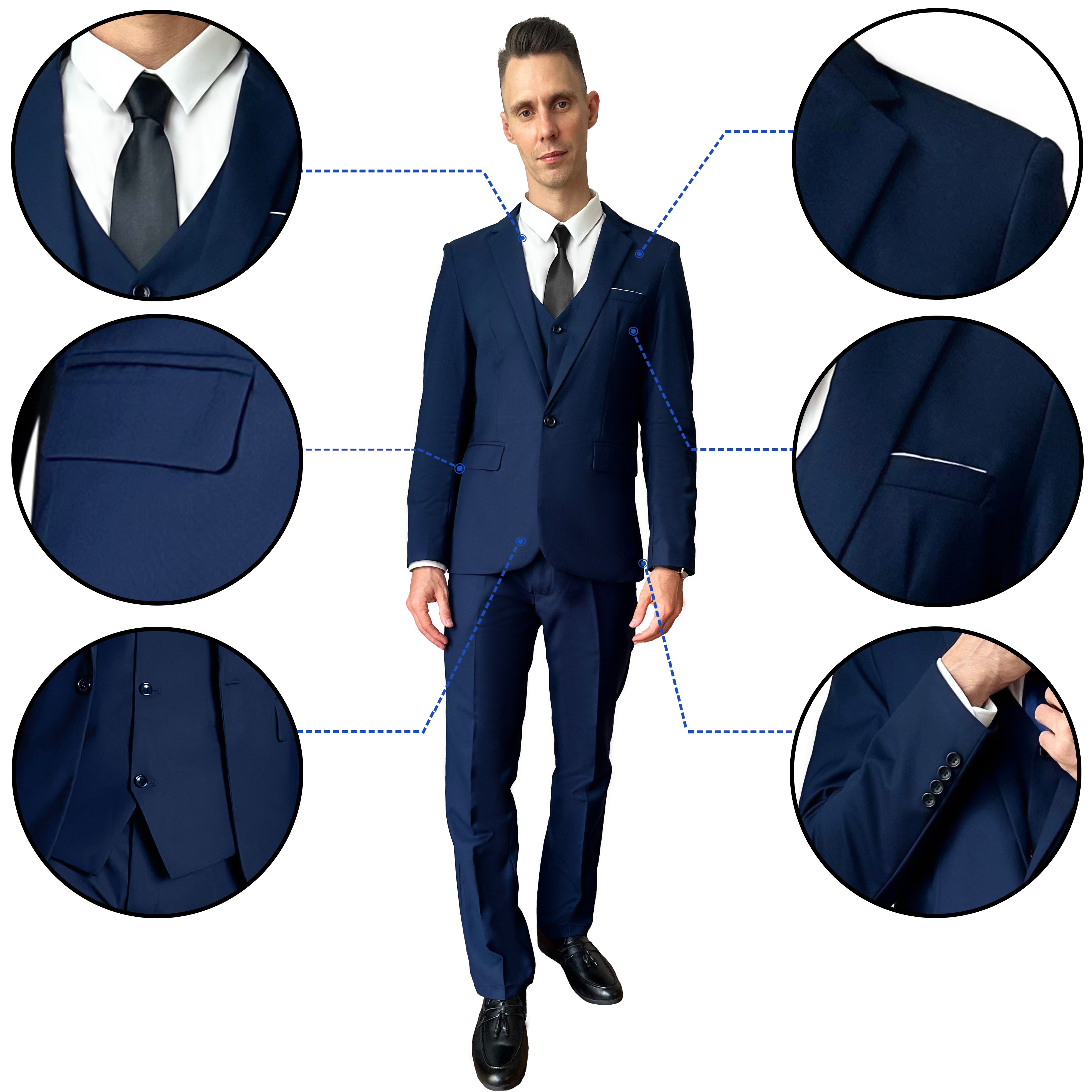 Suit King - 3 Piece Men's Suit, Slim Fit Stylish Jacket, Pants, Vest, 2 Ties, and Belt, Perfect for Weddings, Business and More | Navy Blue