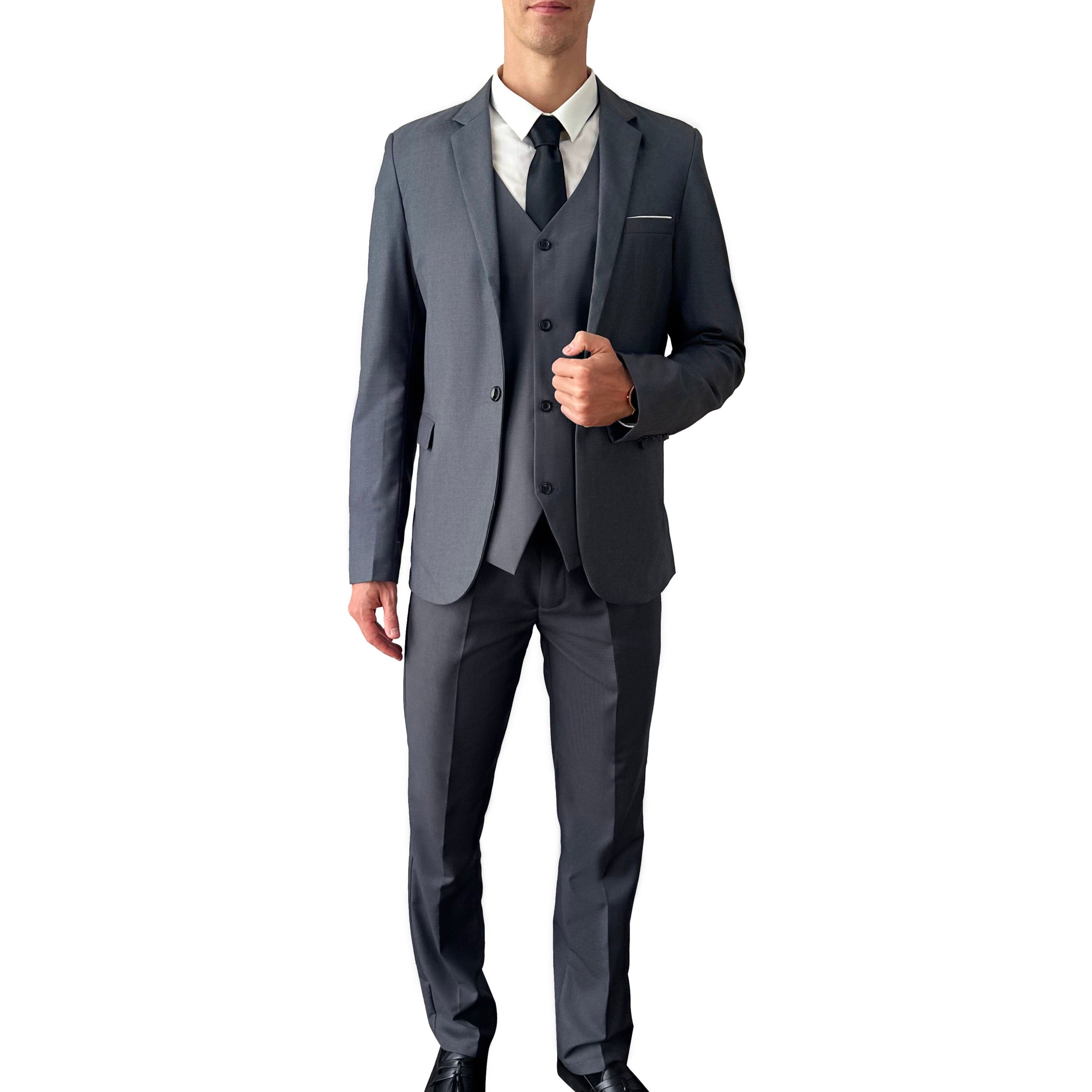 Suit King - 3 Piece Men's Suit, Slim Fit Stylish Jacket, Pants, Vest, 2 Ties, and Belt, Perfect for Weddings, Business and More | Gray