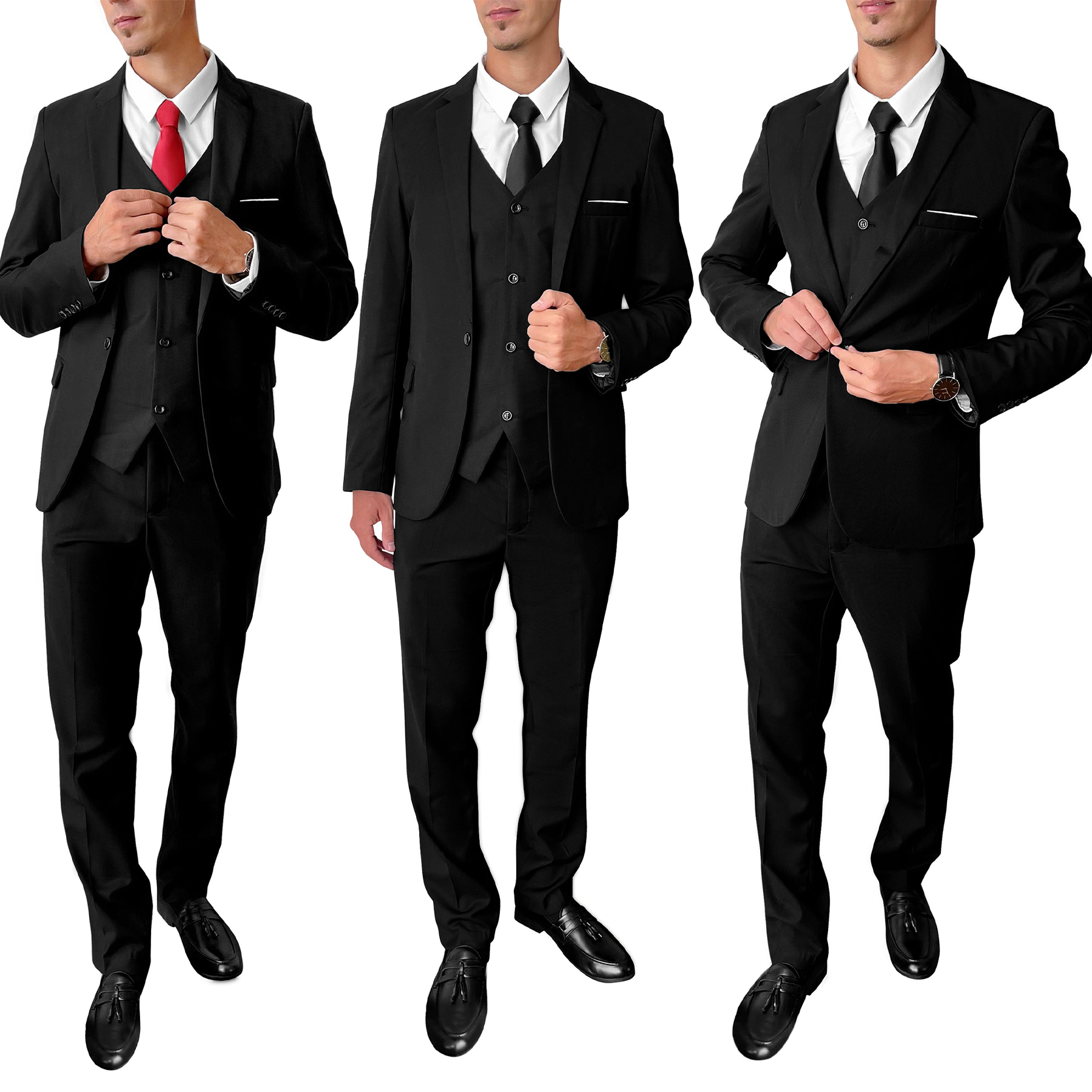 Suit King - 3  Piece Men's Suit, Slim Fit Stylish Jacket, Pants, Vest, 2 Ties, and Belt, Perfect for Weddings, Business and More | Black