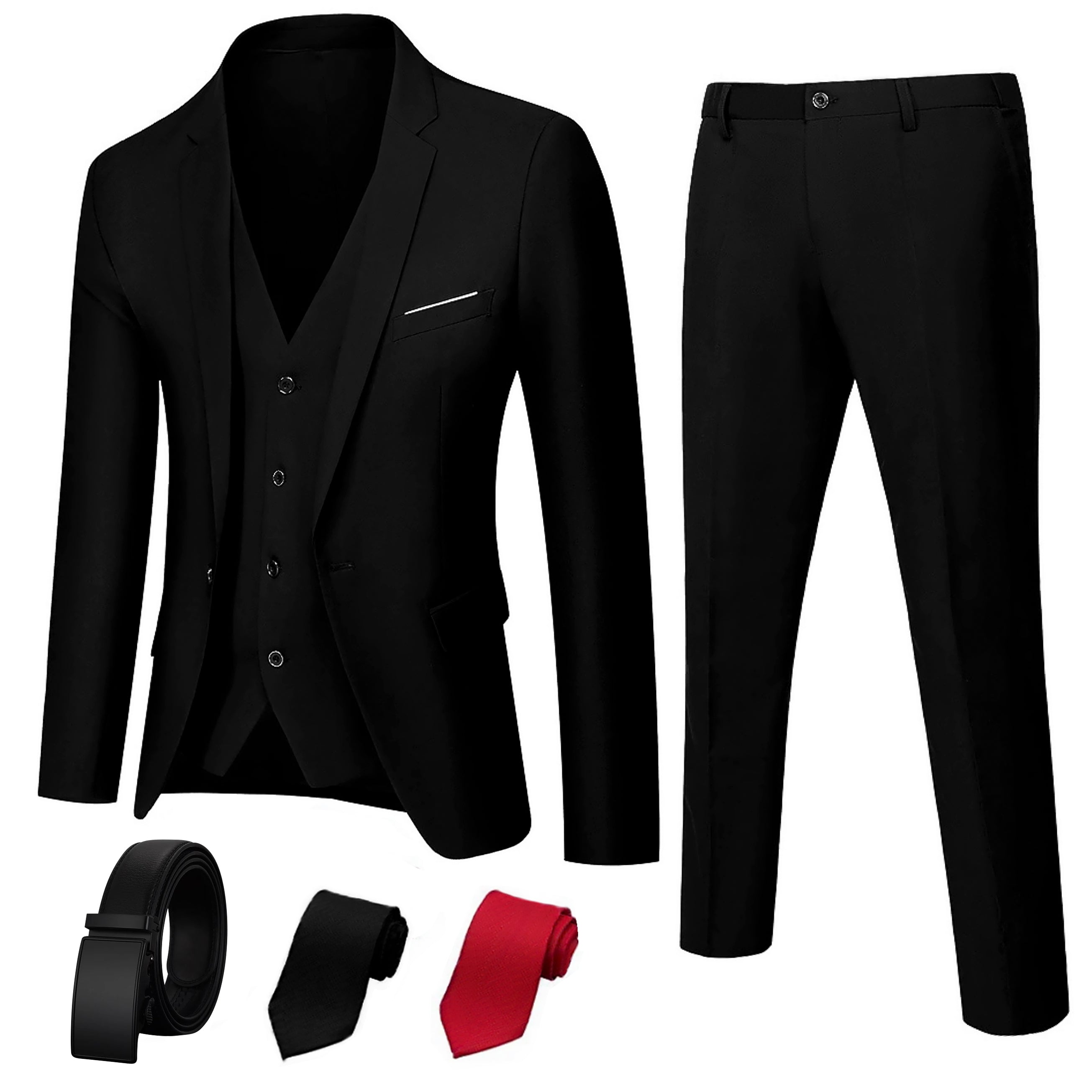 Suit King - 3  Piece Men's Suit, Slim Fit Stylish Jacket, Pants, Vest, 2 Ties, and Belt, Perfect for Weddings, Business and More | Black